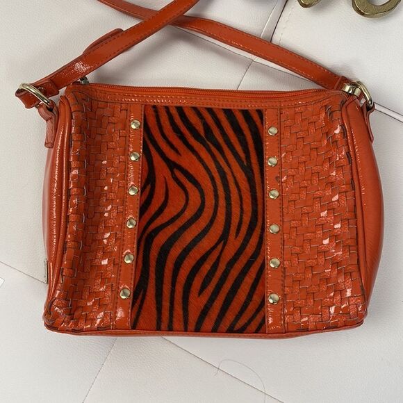 Vintage Sharif 1827 Orange Patent Leather Woven Braided Cowhide Zebra Print Shou - Picture 2 of 11
